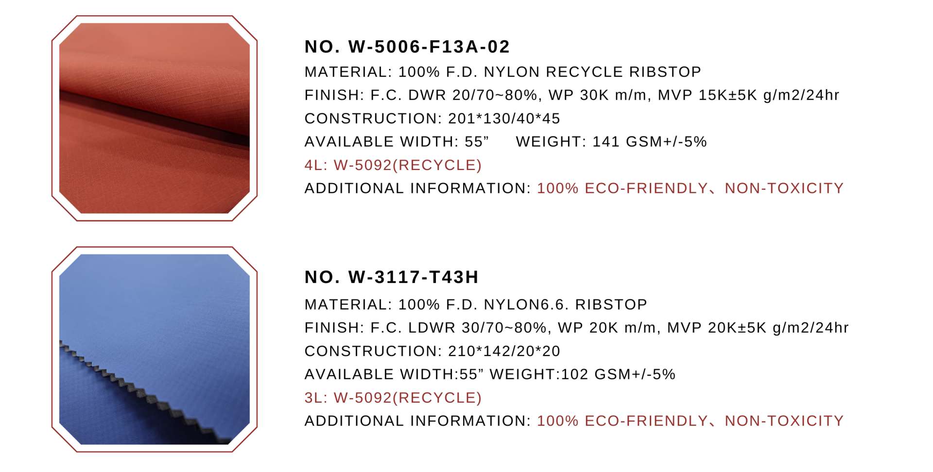 Two Porlite fabric samples with product information
