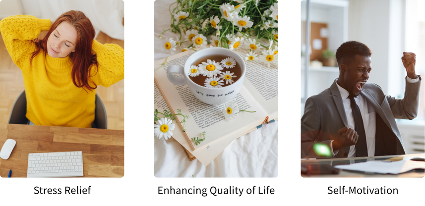 Three core consumer spending drivers shown through images of stress relief, quality of life, and self-motivation