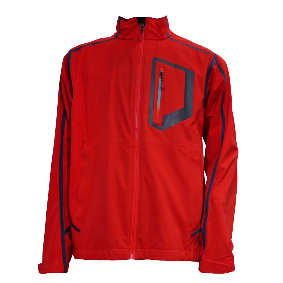 Hwafune cycling jacket W-4158-1-T92B in red with black panels, abrasion resistant, flexible stretch, and water-repellent fabric for cycling performance