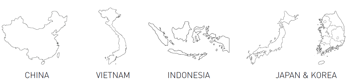 Outline maps of four Asian textile sourcing regions: China, Vietnam, Indonesia, and Japan & Korea